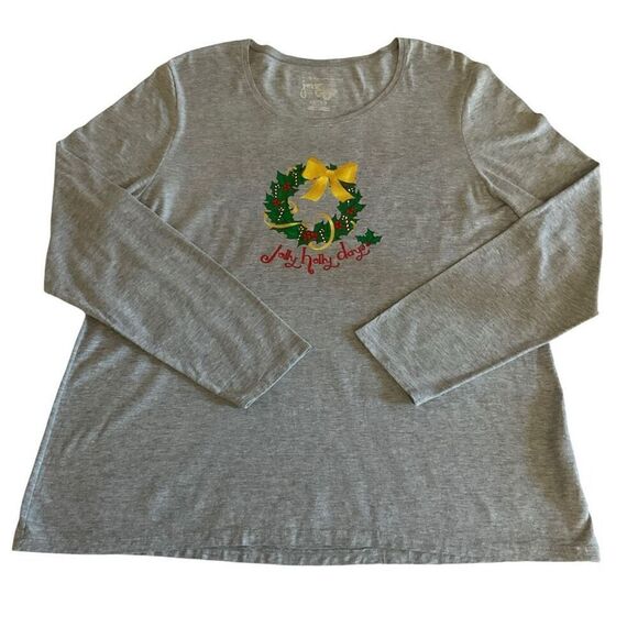 Just My Size Tee Shirt Jolly Holly Days Graphic Wreath Grey Green Red Yellow 1X - Picture 8 of 10